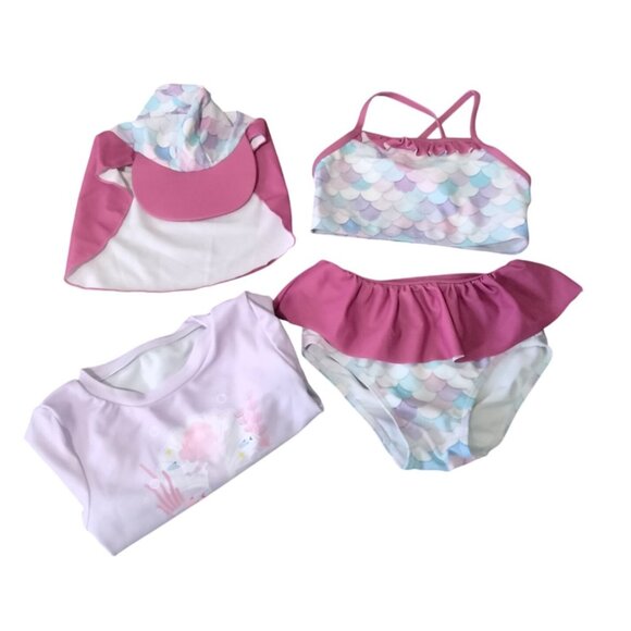 Toddler 3T Girls Mermaid Swim Set 4-Piece UPF 50+ Rash Guard Tankini Pink Purple - Picture 2 of 12